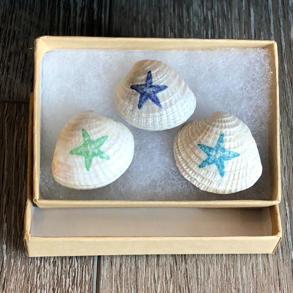 NEW Set of 3 Painted & Decoupage Starfish Sea Shell Magnets
